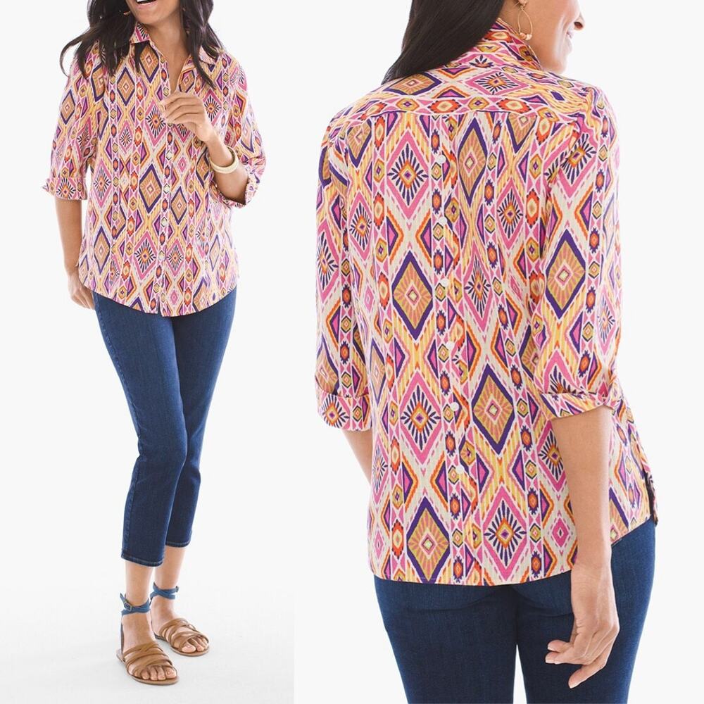 Chico's | Sz 0 Ikat 100% Linen Button-Back No Iron Colorful Button Up Shirt - Picture 2 of 14